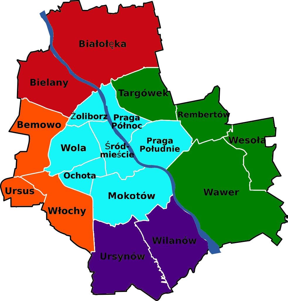 வரைபடம் வார்சா மாவட்டங்களில்